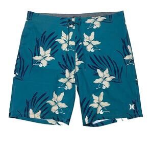 Hurley Board Shorts Mens Size 34 Teal Floral Beach Pool Surf Swim Trunks 9.5”